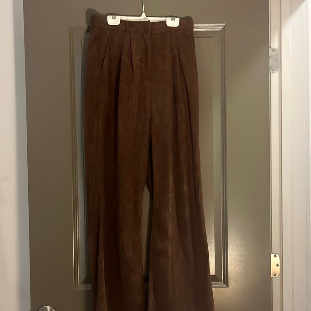 Commense Brown Corduroy Pants High-Waisted Pleated